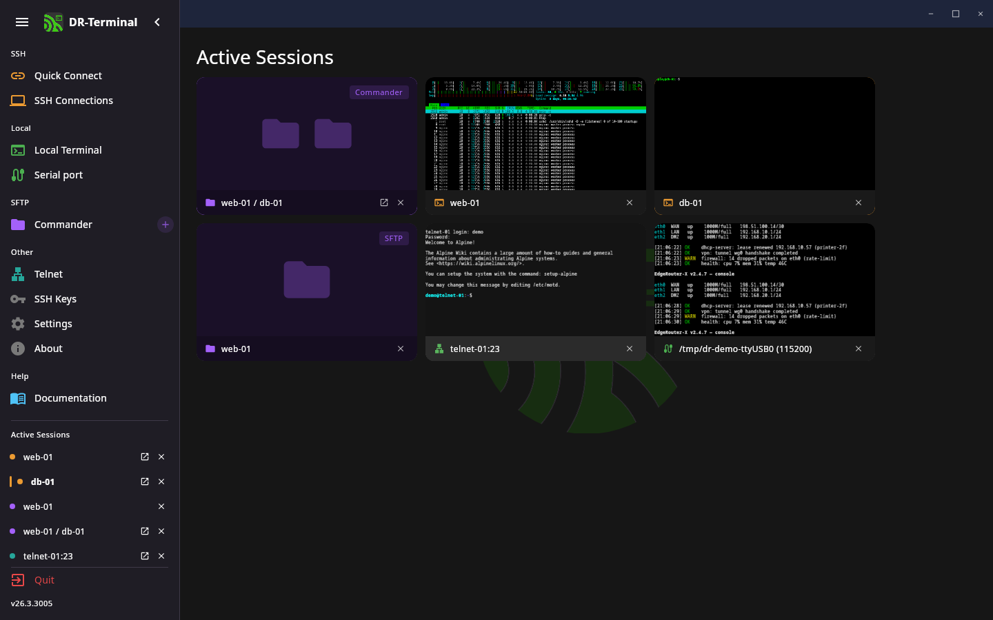 Home screen with active sessions
