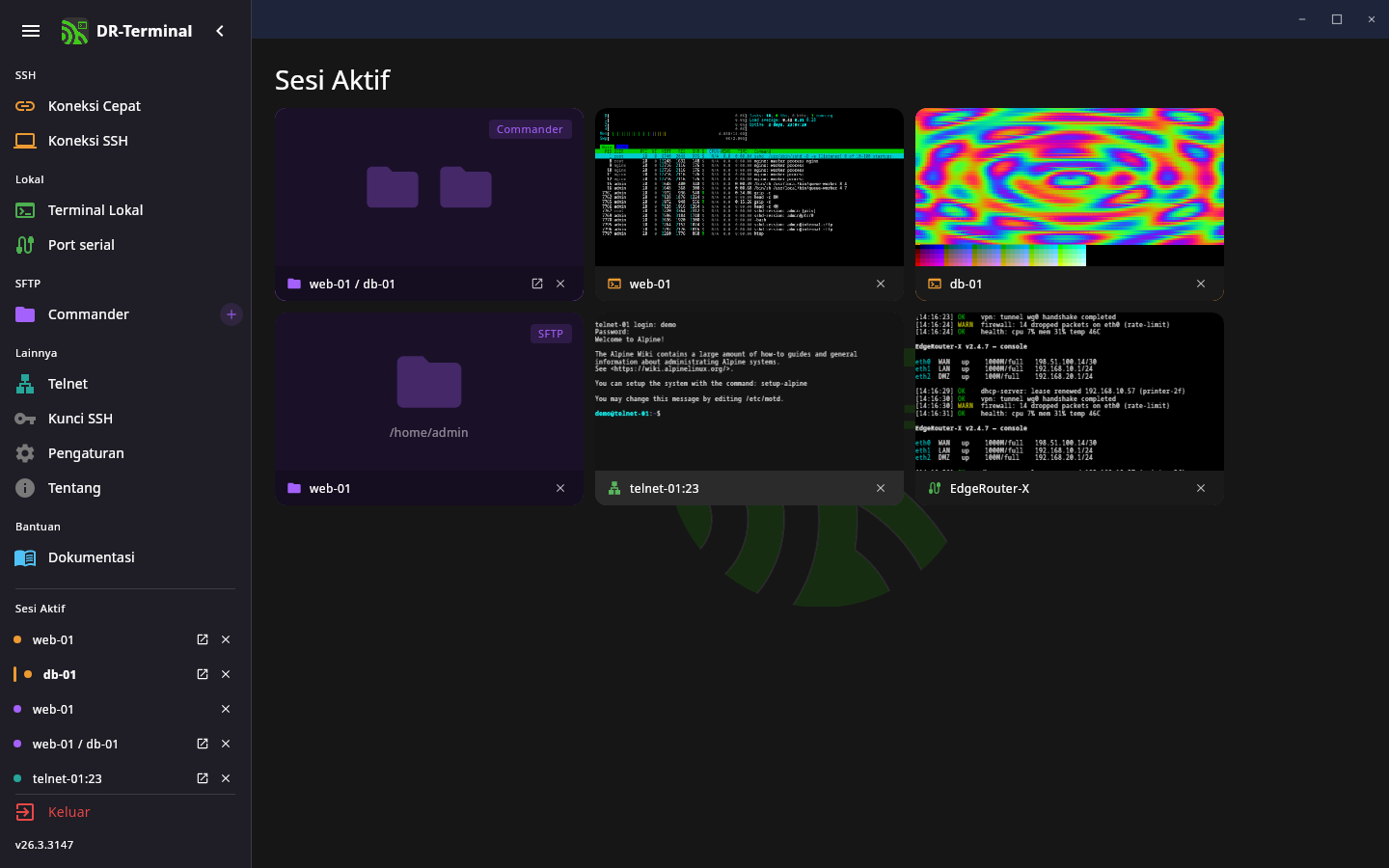 Layar beranda dengan sesi aktif