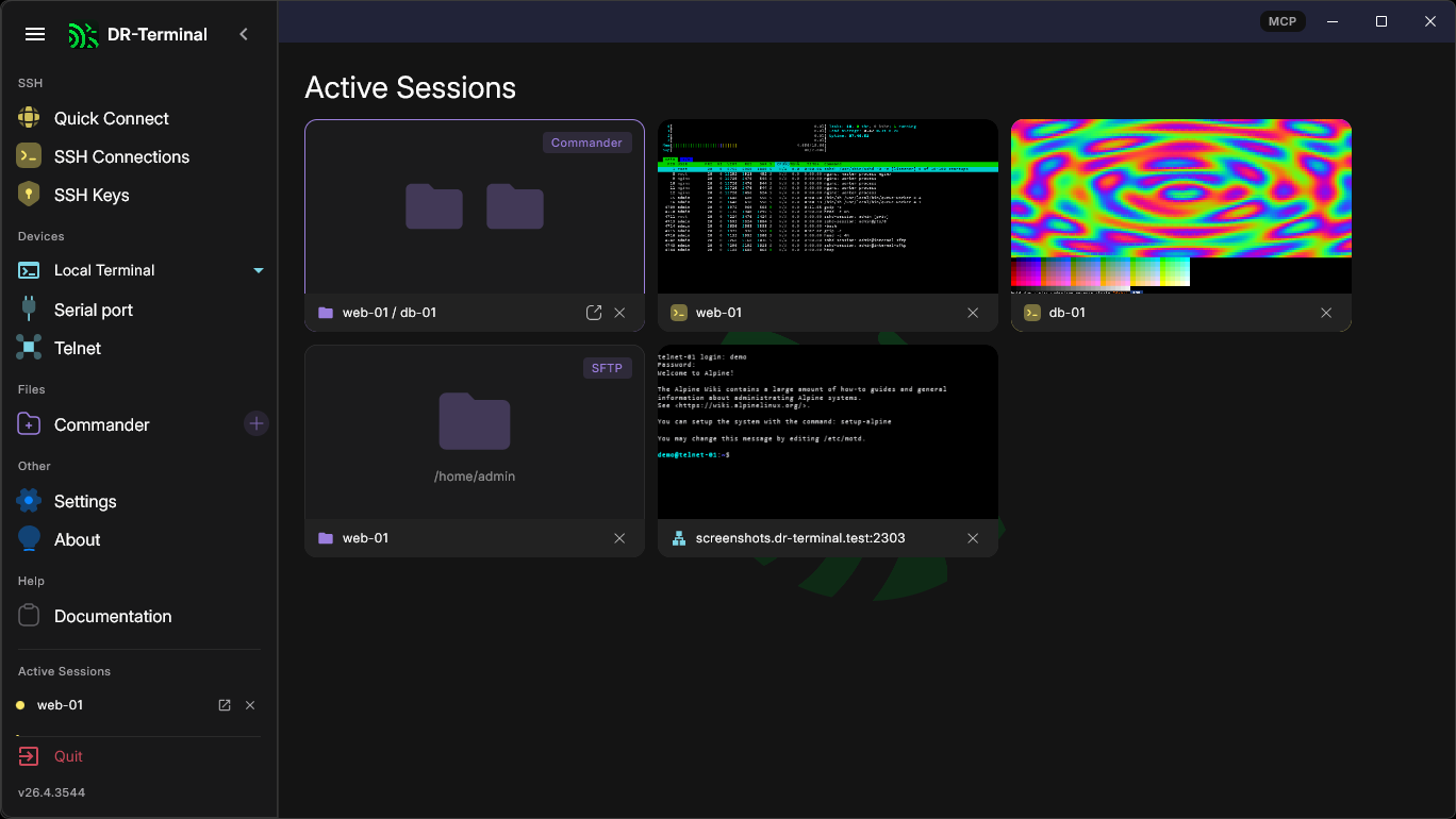 Home screen with active sessions