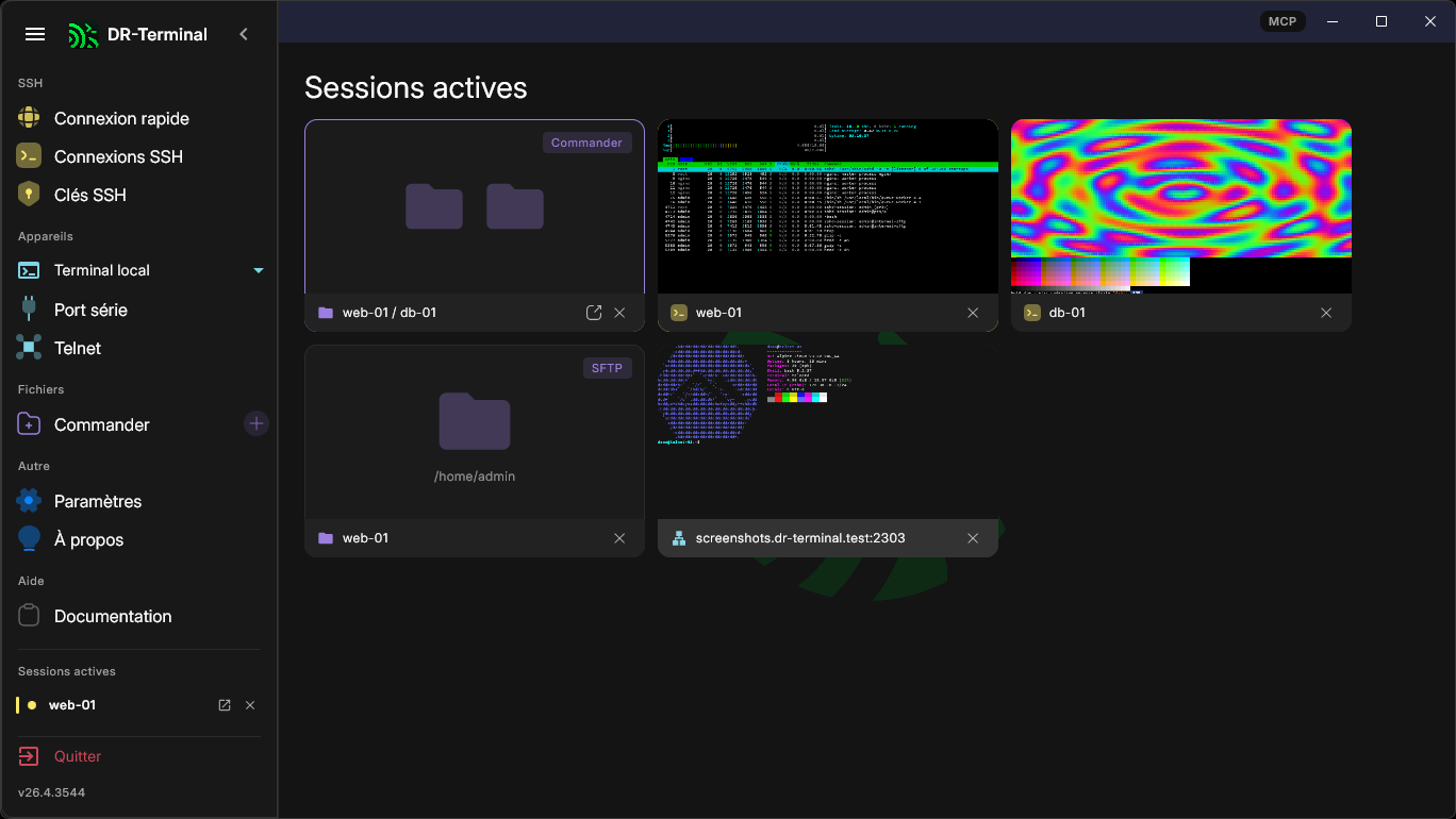 Écran d'accueil avec sessions actives